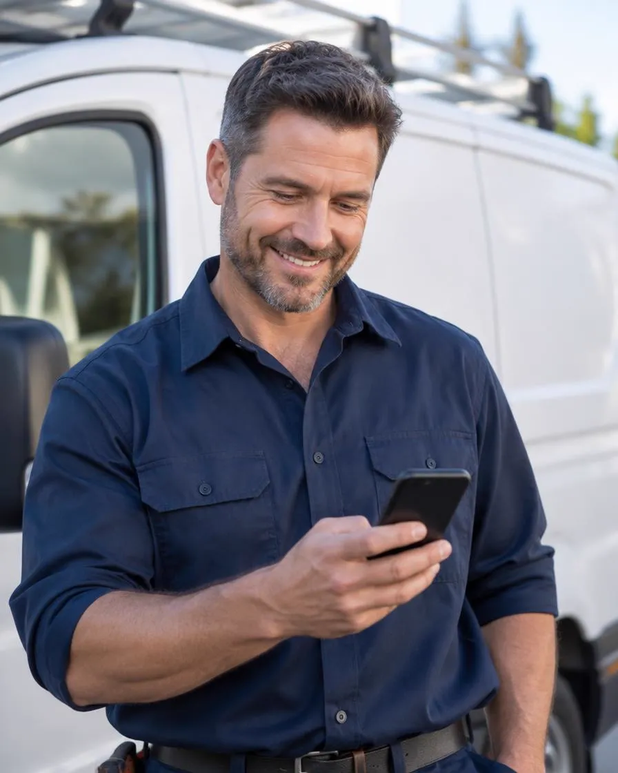 Artisan souriant qui consulte son téléphone devant son camion de service